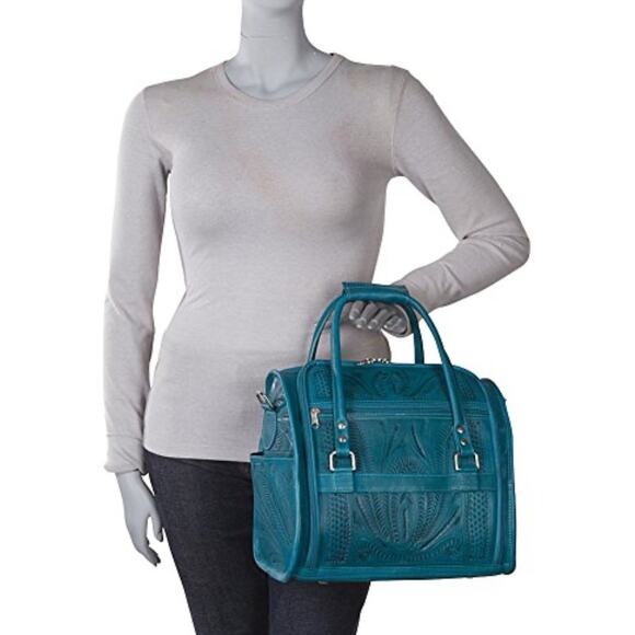ROPIN WEST VANITY TRAVEL BAG CASE GENUINE HAND TOOLED LEATHER TURQUOISE GREEN - Picture 13 of 13